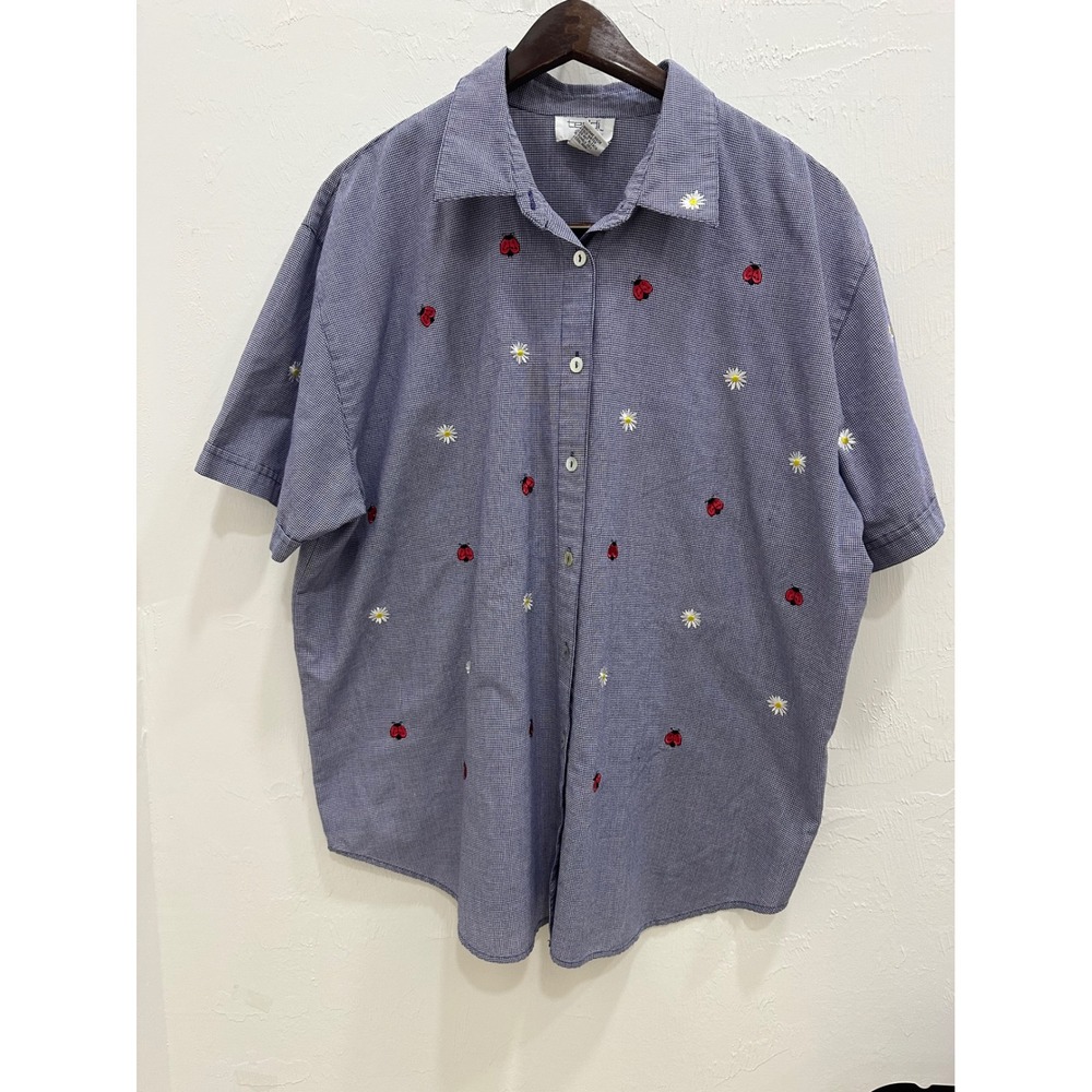 Teddi‎ Vintage Ladybug Daisy Embroidered Gingham Button Up Shirt Navy Blue 1X